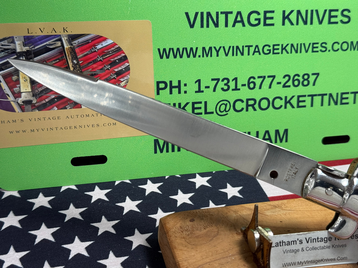 ROSTFREI ITALY 1965-1969 STILETTO SWIVEL BOLSTER 38 CM ITALIAN AUTOMATIC KNIFE TRANSLUCENT BUFFALO HORN HANDLES