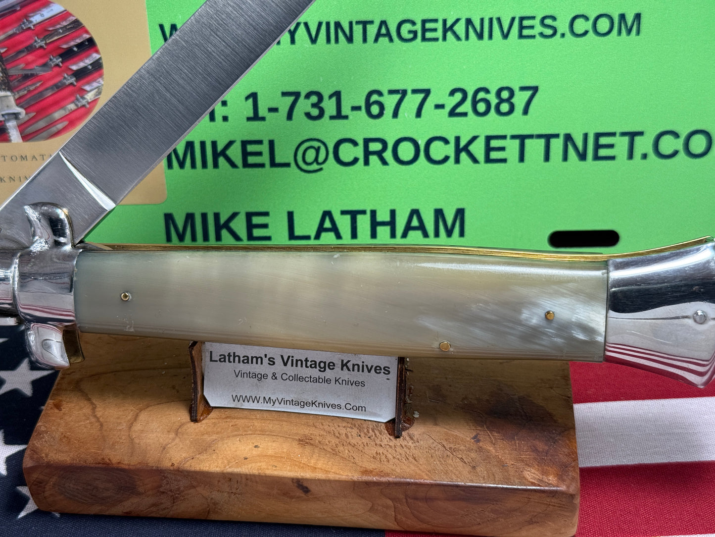 ROSTFREI ITALY 1965-1969 STILETTO SWIVEL BOLSTER 38 CM ITALIAN AUTOMATIC KNIFE TRANSLUCENT BUFFALO HORN HANDLES