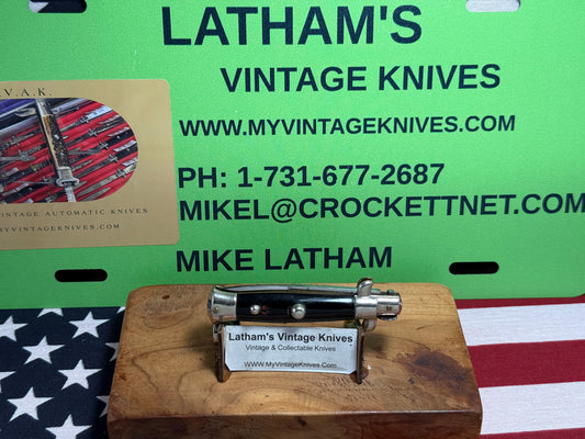 EDWIN JAY ITALY 1950-52 PICK LOCK STILETTO TAB BRACKETS 14 CM ITALIAN AUTOMATIC KNIFE BLACK SHELL WRAP HANDLES