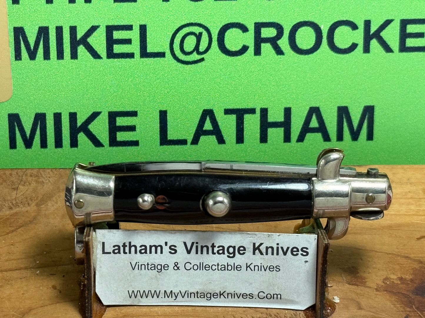 EDWIN JAY ITALY 1950-52 PICK LOCK STILETTO TAB BRACKETS 14 CM ITALIAN AUTOMATIC KNIFE BLACK SHELL WRAP HANDLES