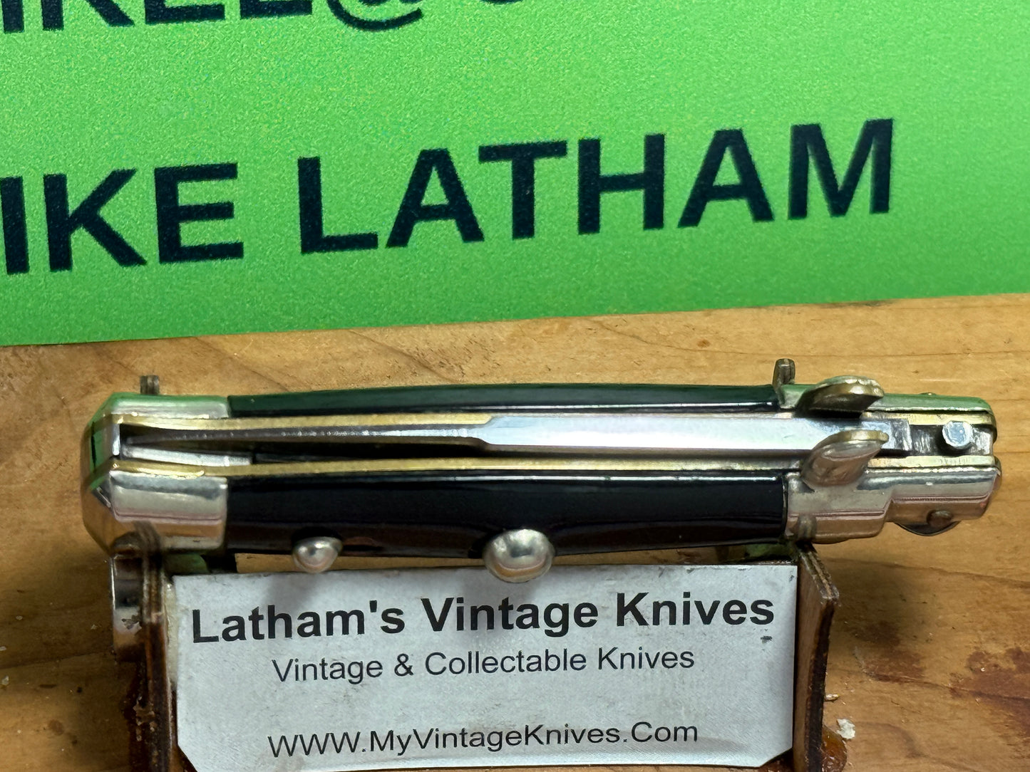 EDWIN JAY ITALY 1950-52 PICK LOCK STILETTO TAB BRACKETS 14 CM ITALIAN AUTOMATIC KNIFE BLACK SHELL WRAP HANDLES