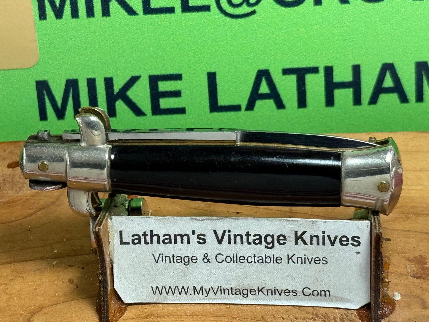 EDWIN JAY ITALY 1950-52 PICK LOCK STILETTO TAB BRACKETS 14 CM ITALIAN AUTOMATIC KNIFE BLACK SHELL WRAP HANDLES