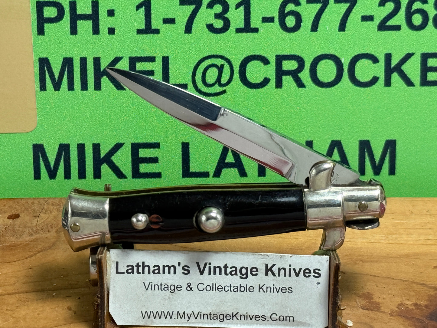 EDWIN JAY ITALY 1950-52 PICK LOCK STILETTO TAB BRACKETS 14 CM ITALIAN AUTOMATIC KNIFE BLACK SHELL WRAP HANDLES