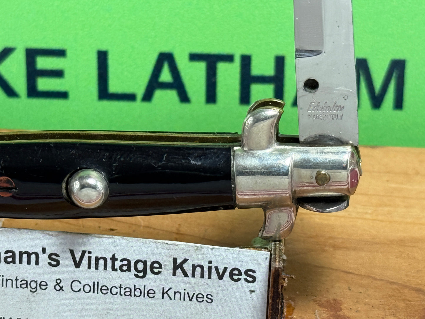 EDWIN JAY ITALY 1950-52 PICK LOCK STILETTO TAB BRACKETS 14 CM ITALIAN AUTOMATIC KNIFE BLACK SHELL WRAP HANDLES