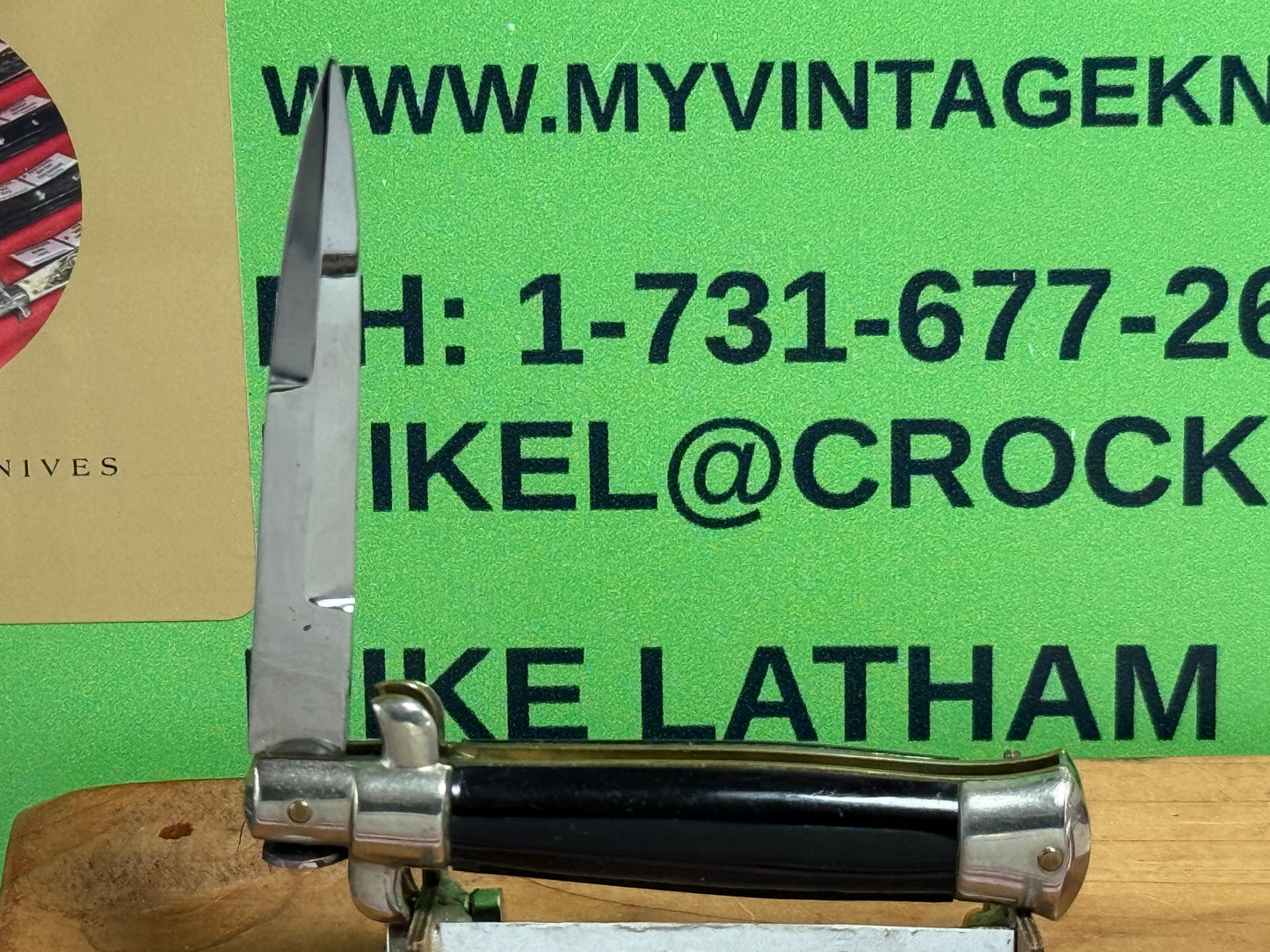 EDWIN JAY ITALY 1950-52 PICK LOCK STILETTO TAB BRACKETS 14 CM ITALIAN AUTOMATIC KNIFE BLACK SHELL WRAP HANDLES