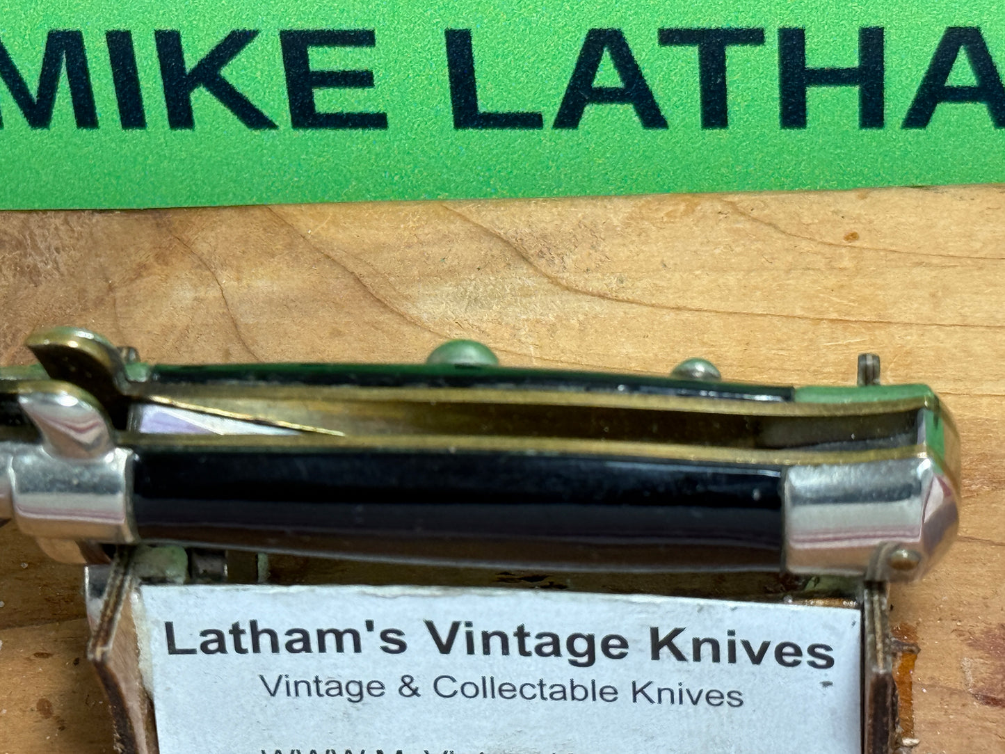 EDWIN JAY ITALY 1950-52 PICK LOCK STILETTO TAB BRACKETS 14 CM ITALIAN AUTOMATIC KNIFE BLACK SHELL WRAP HANDLES