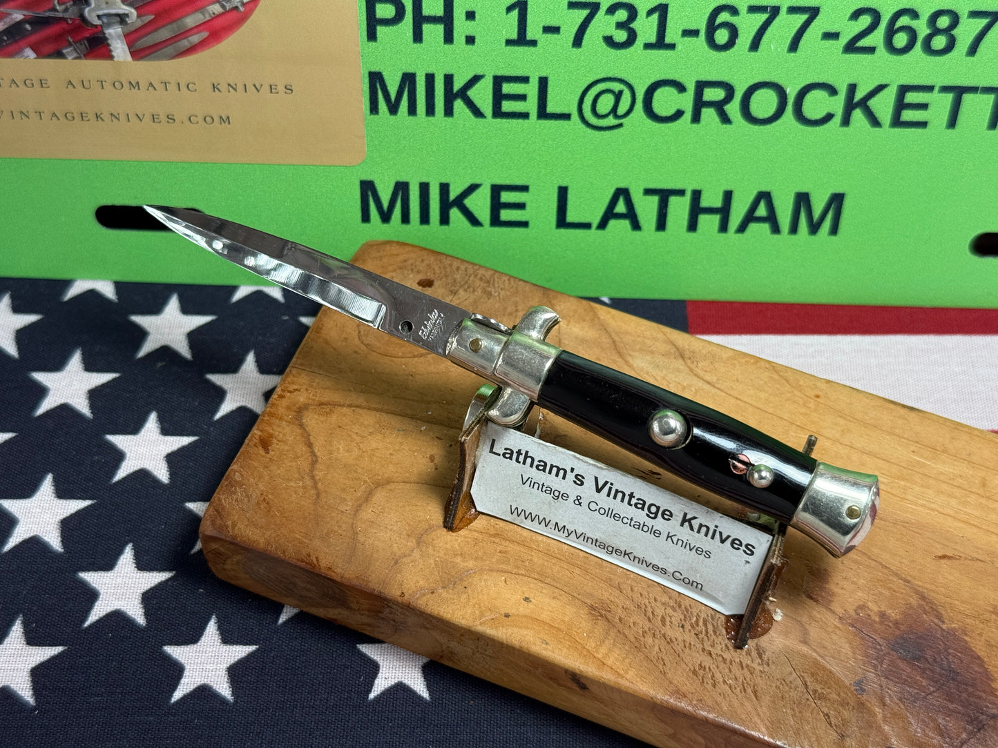 EDWIN JAY ITALY 1950-52 PICK LOCK STILETTO TAB BRACKETS 14 CM ITALIAN AUTOMATIC KNIFE BLACK SHELL WRAP HANDLES