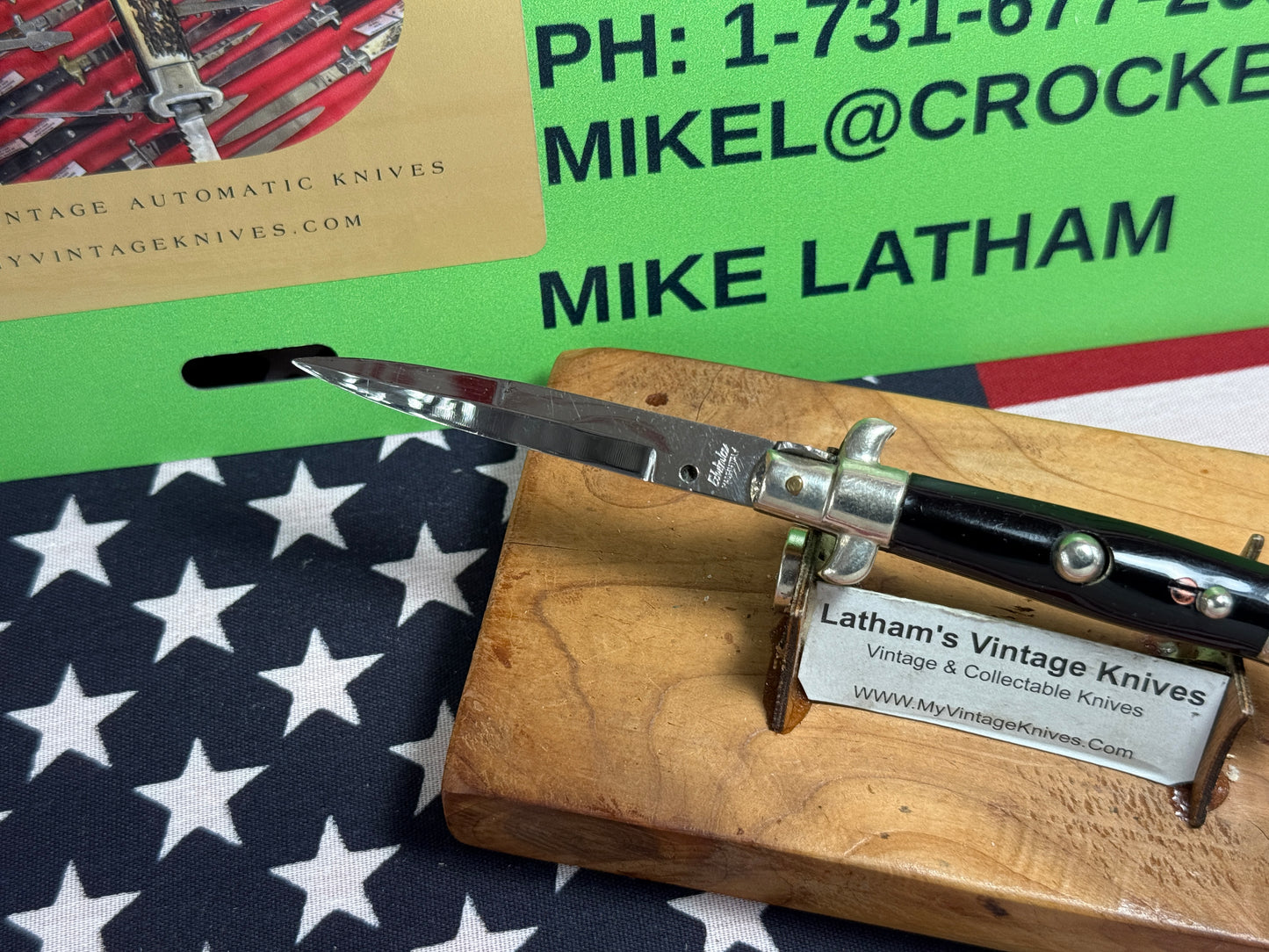 EDWIN JAY ITALY 1950-52 PICK LOCK STILETTO TAB BRACKETS 14 CM ITALIAN AUTOMATIC KNIFE BLACK SHELL WRAP HANDLES