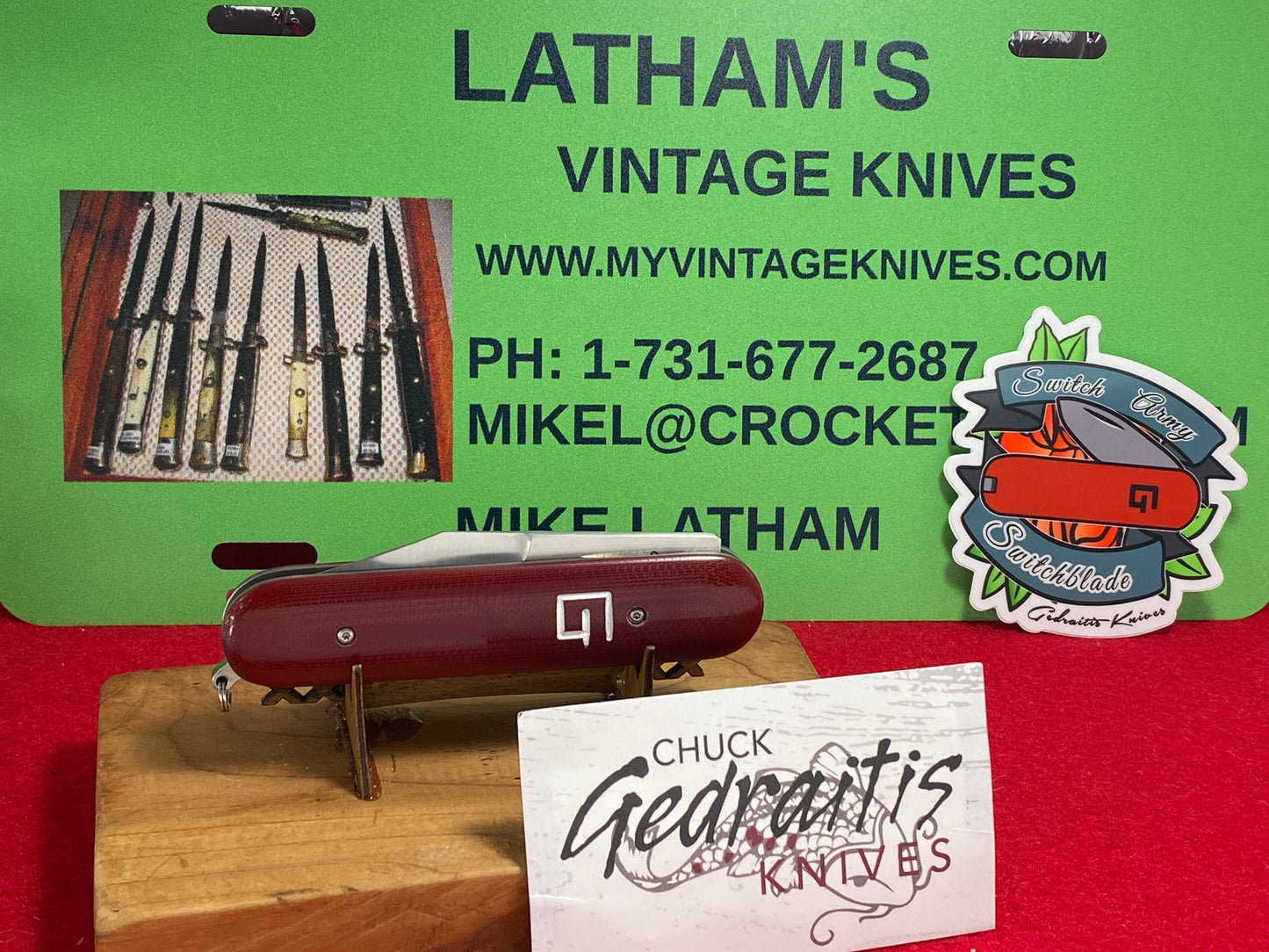 GEDRAITIS, CHUCK 2024 CUSTOM SWITCH ARMY SCALE RELEASE CUSTOM AUTOMATIC KNIFE RED G-10 HANDLES