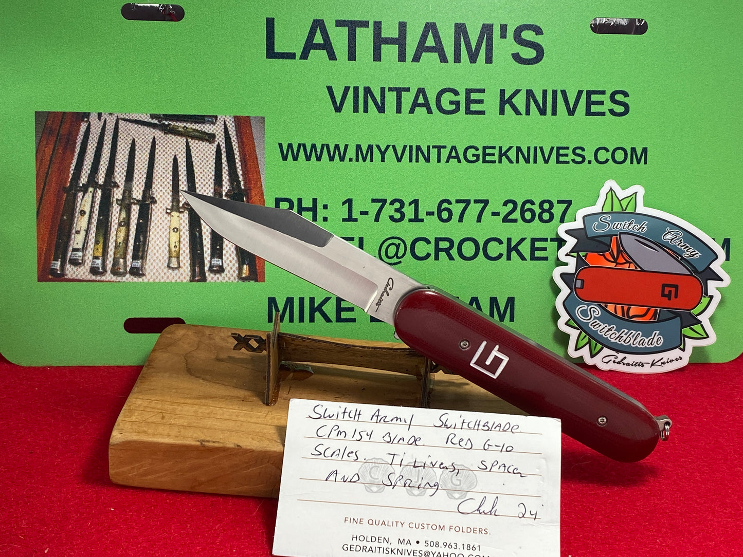 GEDRAITIS, CHUCK 2024 CUSTOM SWITCH ARMY SCALE RELEASE CUSTOM AUTOMATIC KNIFE RED G-10 HANDLES