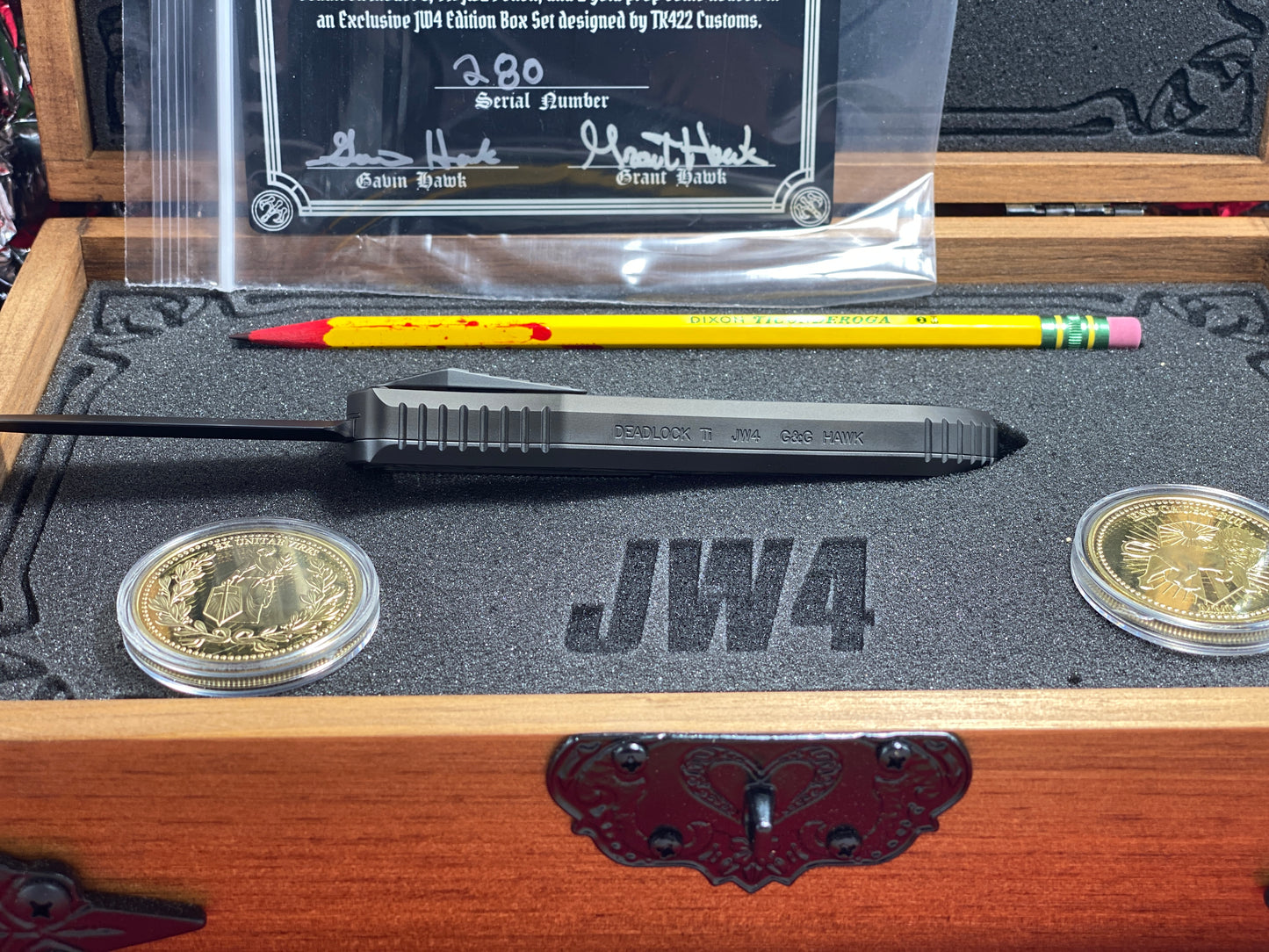 HAWK, G & G CUSTOM OTF 2023 JOHN WICK JW4 SET #280 DEADLOCK TI MODEL "C" MAGNACUT TACTICAL AUTOMATIC KNIFE CARBON FIBER INSERTS HANDLES