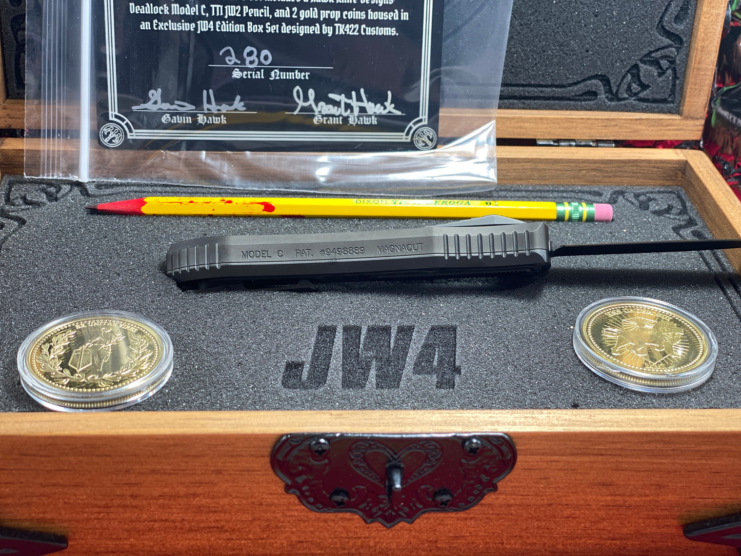 HAWK, G & G CUSTOM OTF 2023 JOHN WICK JW4 SET #280 DEADLOCK TI MODEL "C" MAGNACUT TACTICAL AUTOMATIC KNIFE CARBON FIBER INSERTS HANDLES