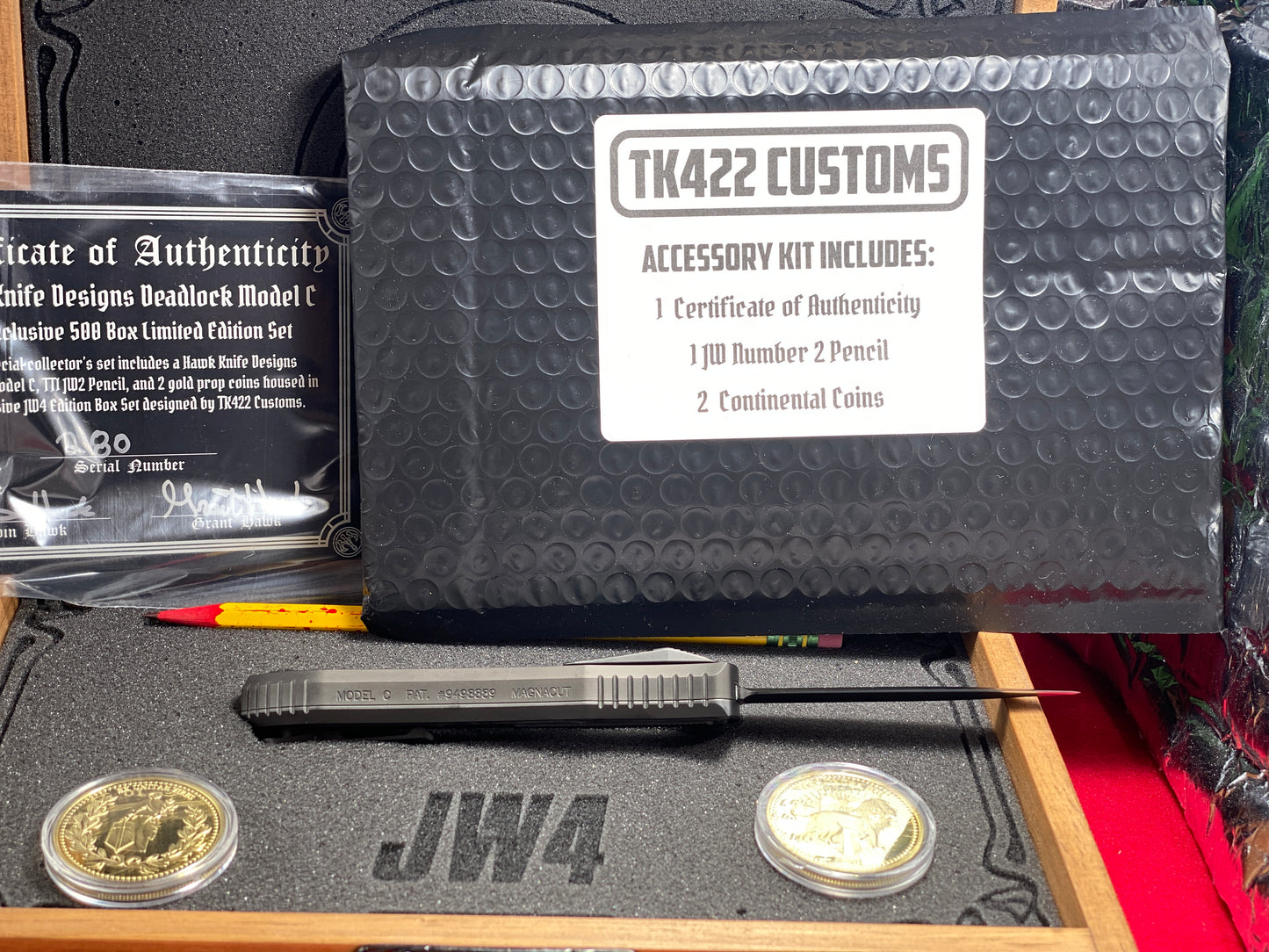 HAWK, G & G CUSTOM OTF 2023 JOHN WICK JW4 SET #280 DEADLOCK TI MODEL "C" MAGNACUT TACTICAL AUTOMATIC KNIFE CARBON FIBER INSERTS HANDLES