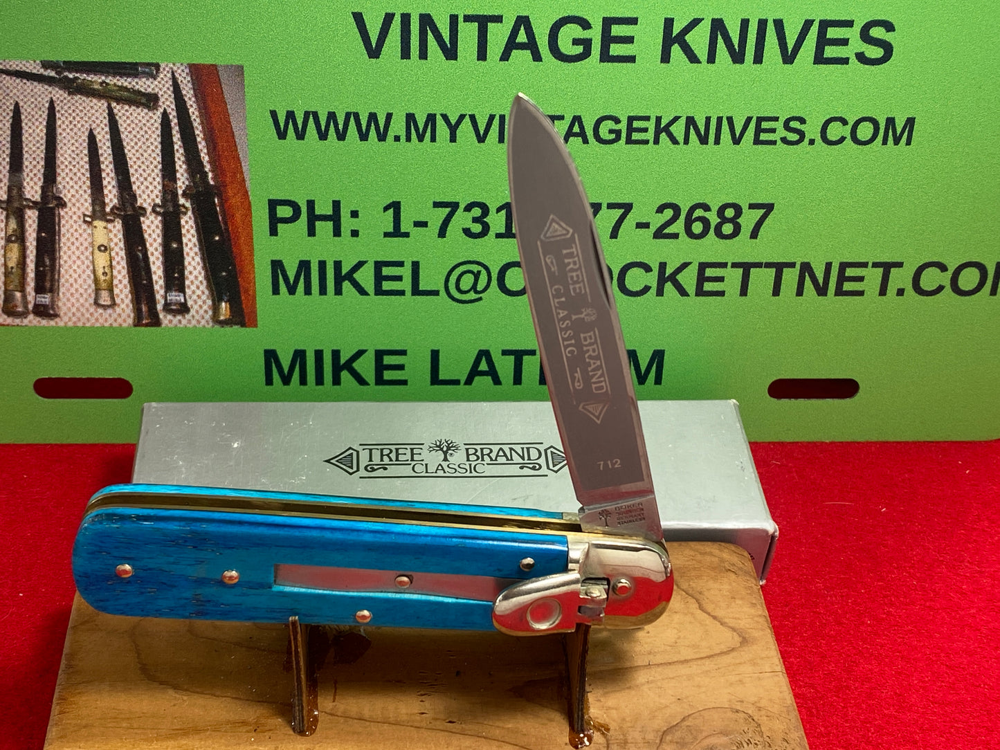 BOKER SOLINGEN GERMANY 1980-85 LEVER AUTOMATIC TREE BRAND CLASSIC 712 GERMAN AUTOMATIC KNIFE BLUE BONE HANDLES