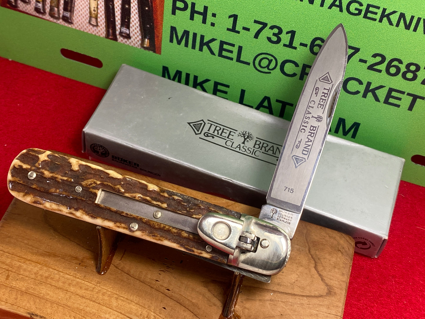 BOKER SOLINGEN GERMANY 1980-85 LEVER AUTOMATIC TREE BRAND CLASSIC 715 GERMAN AUTOMATIC KNIFE STAG HANDLES