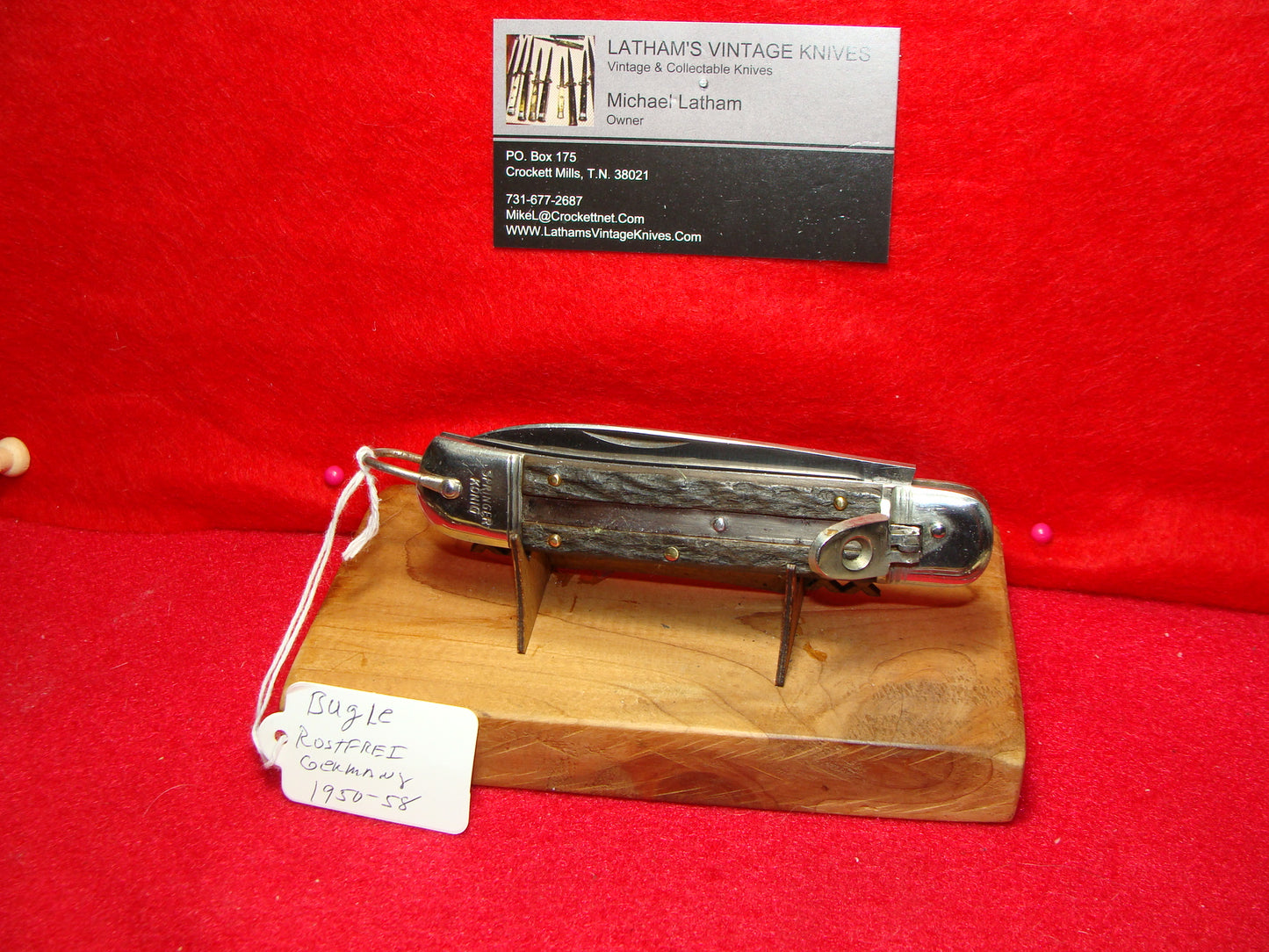 BUGLE ROSTFREI GERMANY 1950-58 LEVER AUTOMATIC 11 CM GERMAN AUTOMATIC KNIFE BLACK WOOD HANDLES