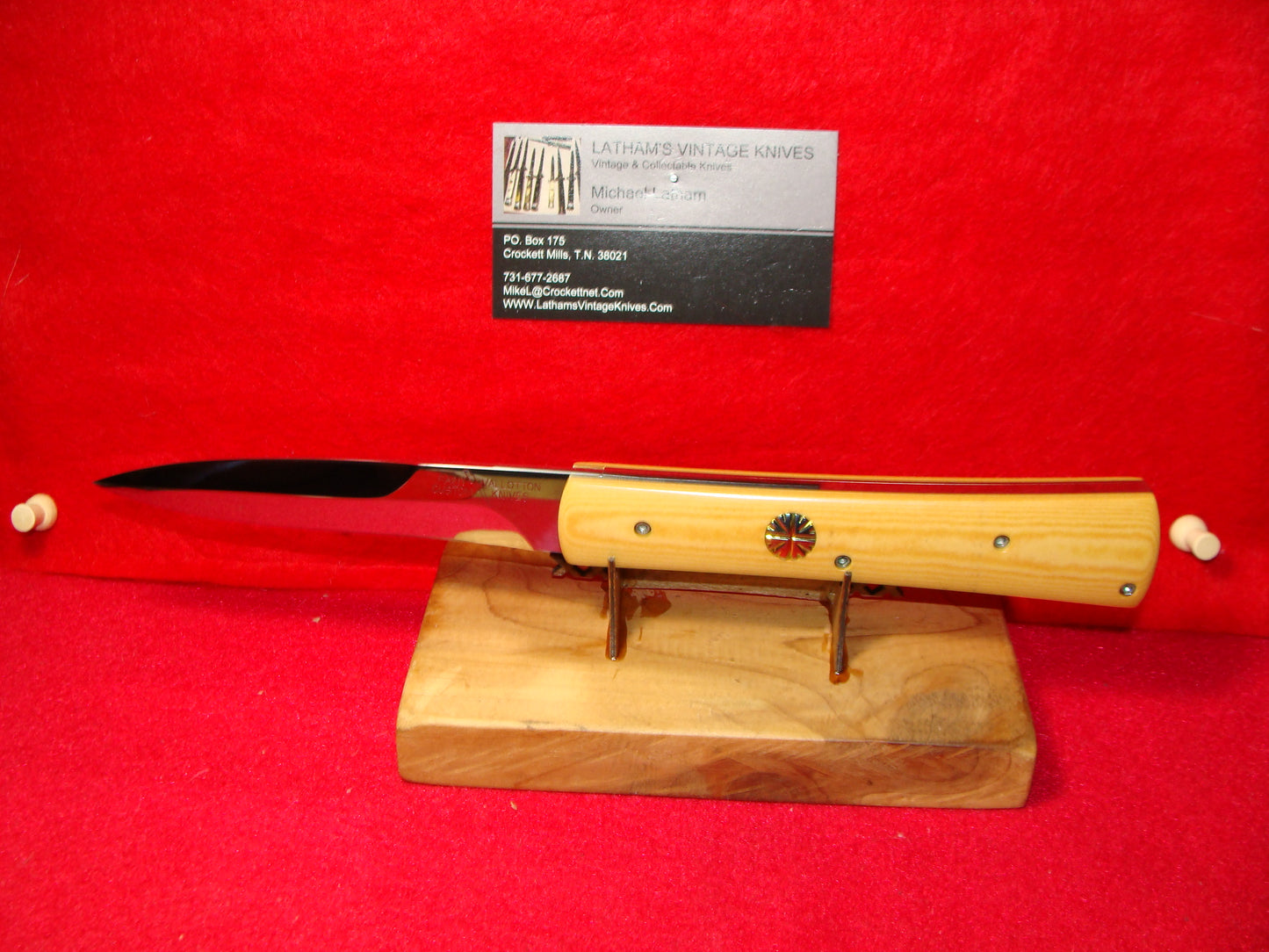 VALLOTTON, RAINY CUSTOM KNIVES 1995-98 LARGE BAYONET BLADE CUSTOM AUTOMATIC KNIFE MICARTA HANDLES