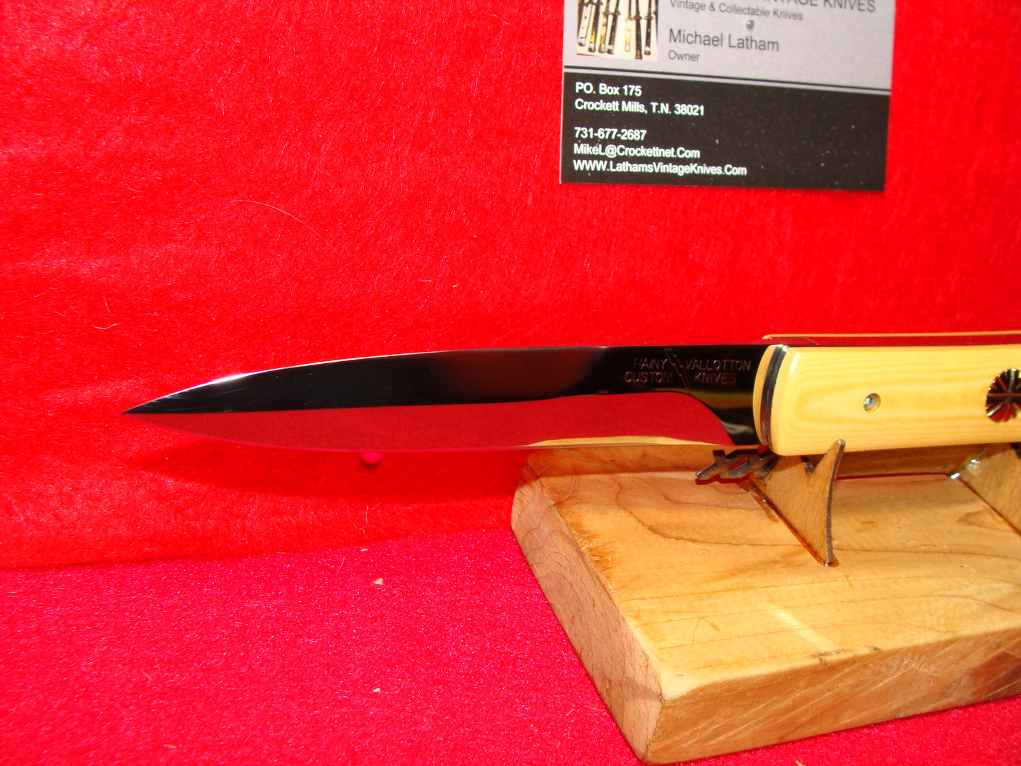 VALLOTTON, RAINY CUSTOM KNIVES 1995-98 LARGE BAYONET BLADE CUSTOM AUTOMATIC KNIFE MICARTA HANDLES