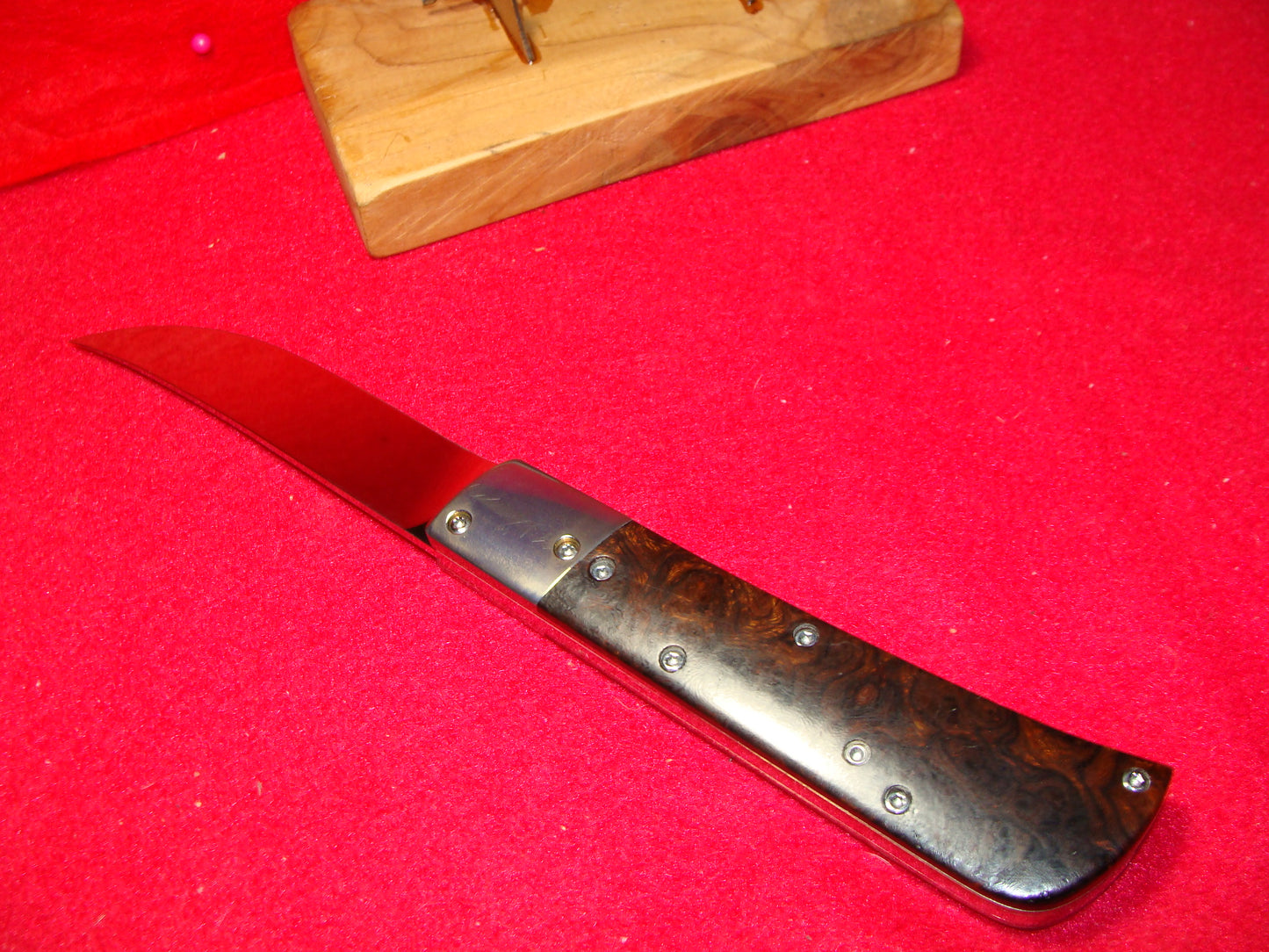 VALLOTTON, RAINY CUSTOM OREGON MAKER 1992 EARLY PERSIAN CUSTOM AUTOMATIC KNIFE IRON WOOD HANDLES