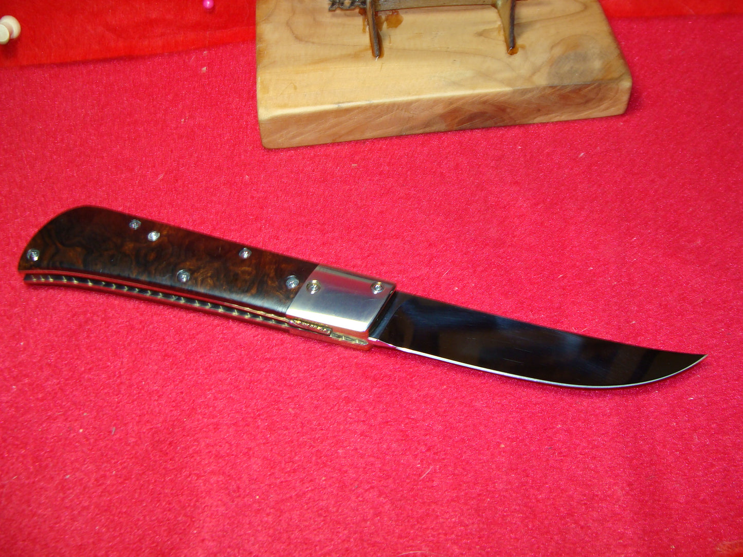 VALLOTTON, RAINY CUSTOM OREGON MAKER 1992 EARLY PERSIAN CUSTOM AUTOMATIC KNIFE IRON WOOD HANDLES