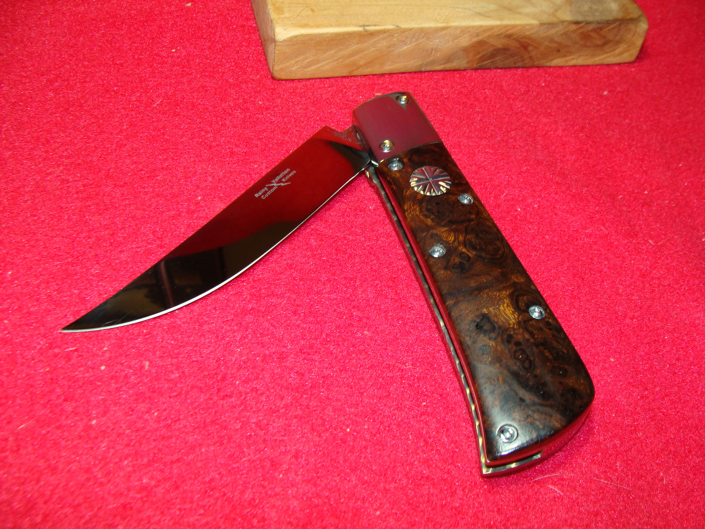 VALLOTTON, RAINY CUSTOM OREGON MAKER 1992 EARLY PERSIAN CUSTOM AUTOMATIC KNIFE IRON WOOD HANDLES