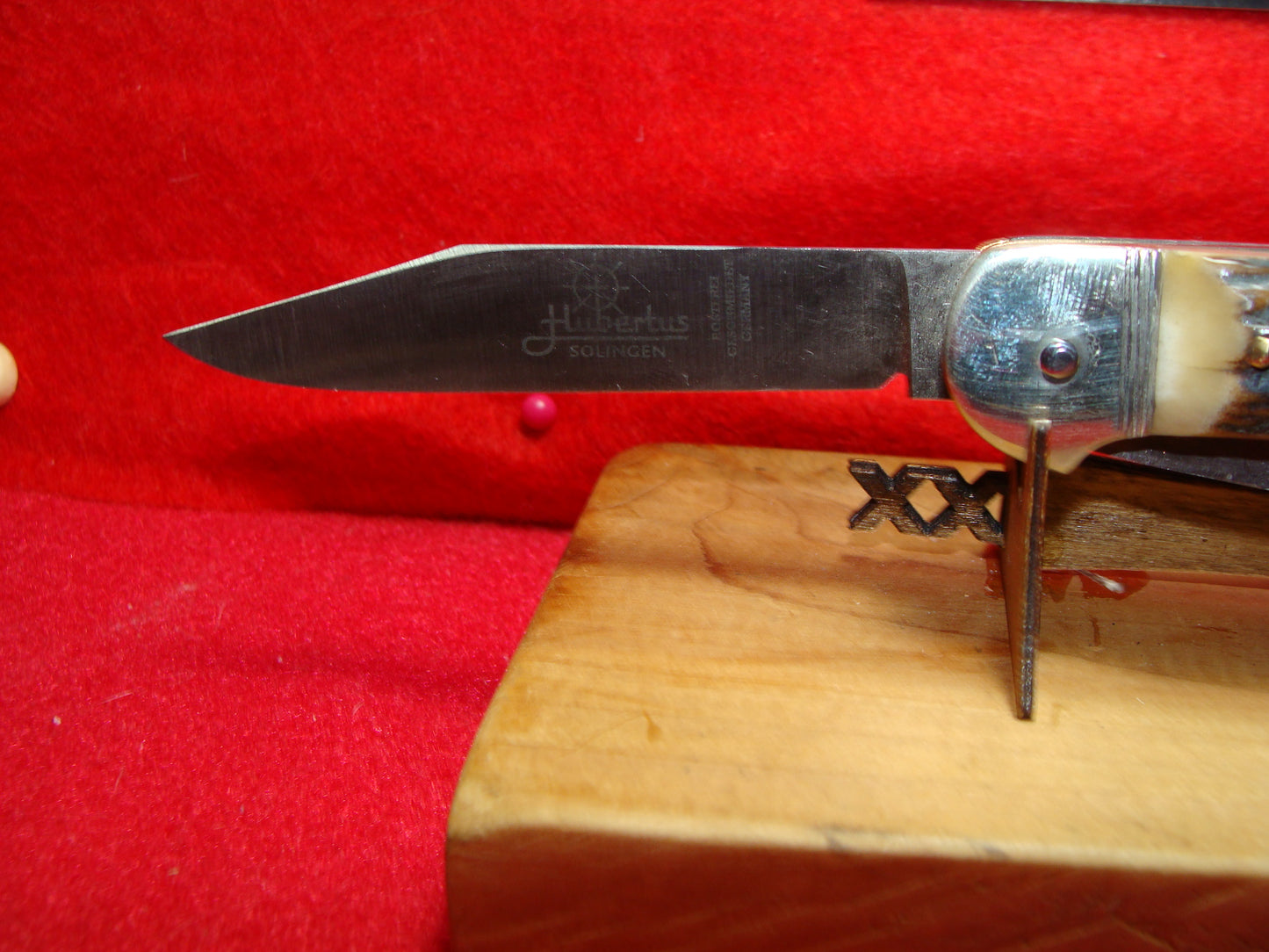 HUBERTUS SOLINGEN GERMANY 1990-2000 TWO BLADE PEN RELEASE GERMAN AUTOMATIC KNIFE DARK STAG HANDLES