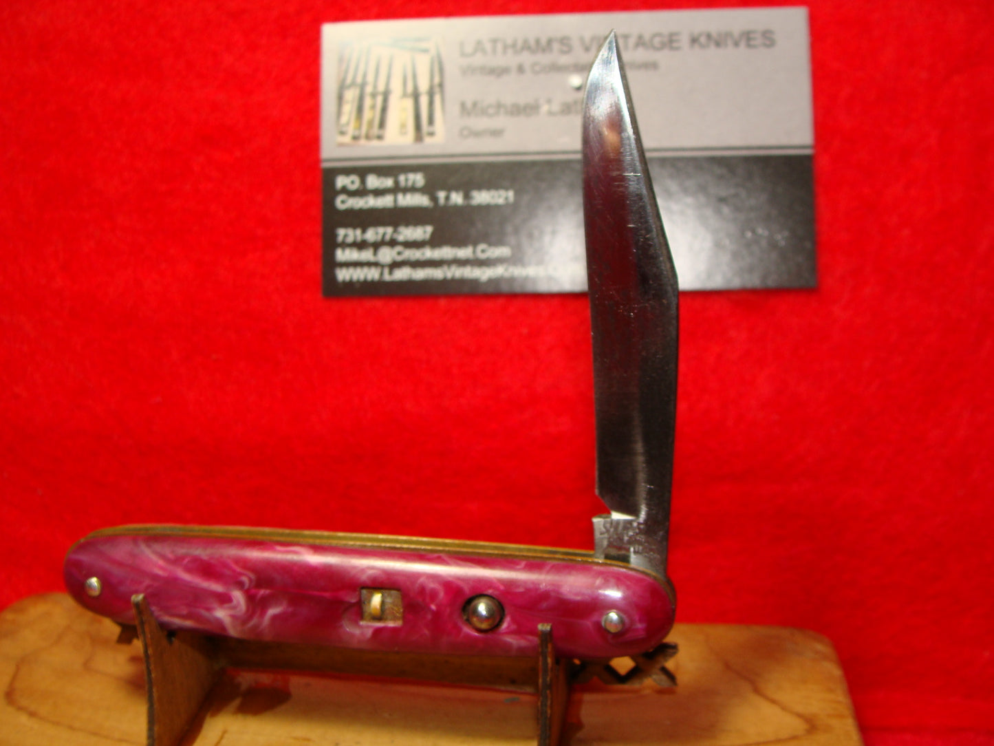 SHUR SNAP COLONIAL USA 1926-56 CIGAR JACK SINGLE BLADE 3 1/2" VINTAGE AMERICAN AUTOMATIC KNIFE PURPLE SWIRL COMPOSITION HANDLES