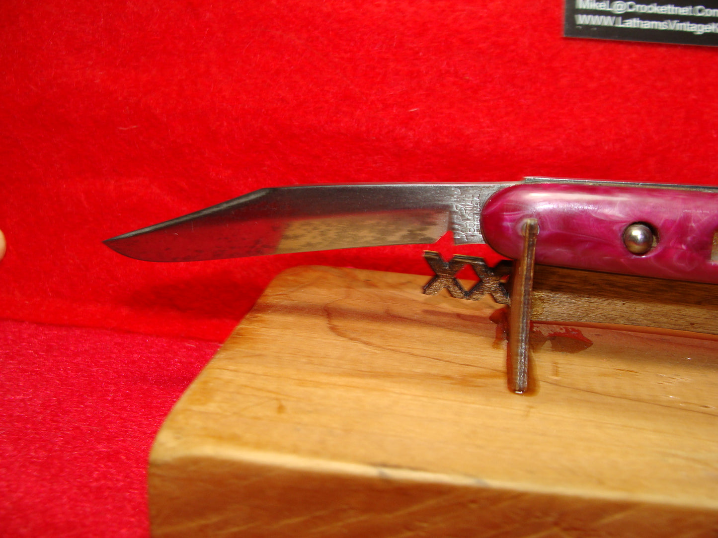 SHUR SNAP COLONIAL USA 1926-56 CIGAR JACK SINGLE BLADE 3 1/2" VINTAGE AMERICAN AUTOMATIC KNIFE PURPLE SWIRL COMPOSITION HANDLES