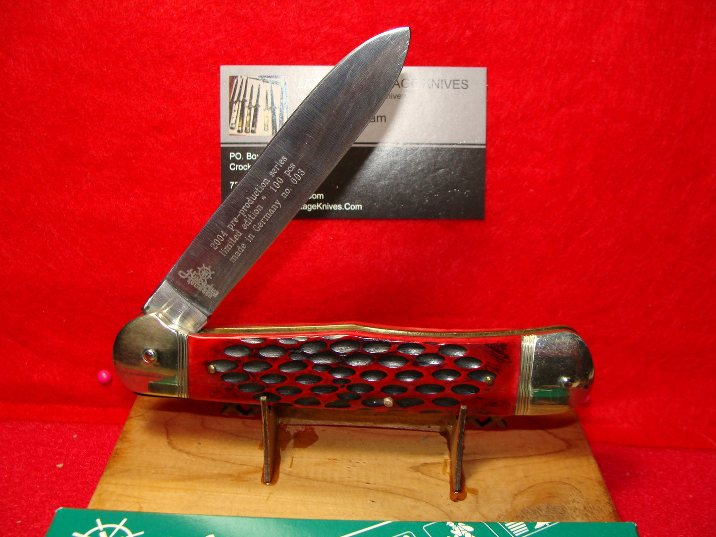 HUBERTUS SOLINGEN GERMANY 2004 LEVER AUTOMATIC 1 OF 100 #3 JAGDMESSER 13.5 CM GERMAN AUTOMATIC KNIFE RED JIGGED BONE HANDLES