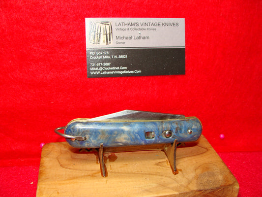 PRONTO COLONIAL KNIFE CO. 1929-56 PARATROOPER STYLE 4 1/8" VINTAGE AMERICAN AUTOMATIC KNIFE BLUE SWIRL COMPOSITION HANDLES
