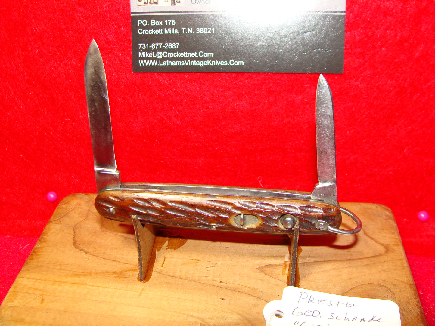 PRESTO GEO. SCHRADE CUT CO. BRIDGEPORT CONN. 1929-56 TWIN BLADE DOUBLE BUTTON "GIRL SCOUT" 3 3/8" WITH BAIL VINTAGE AMERICAN AUTOMATIC KNIFE BROWN JIGGED BONE HANDLES