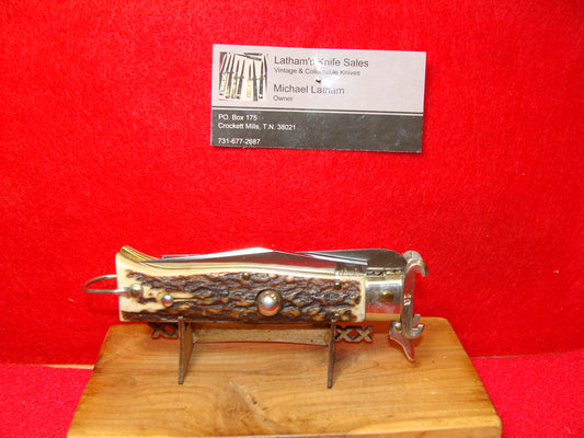 LEPRE ITALY 2015 HUNTER WITH SHELL PULLER AND SAW BLADE FULCRUM RELEASE ITALIAN AUTOMATIC KNIFE STAG HANDLES