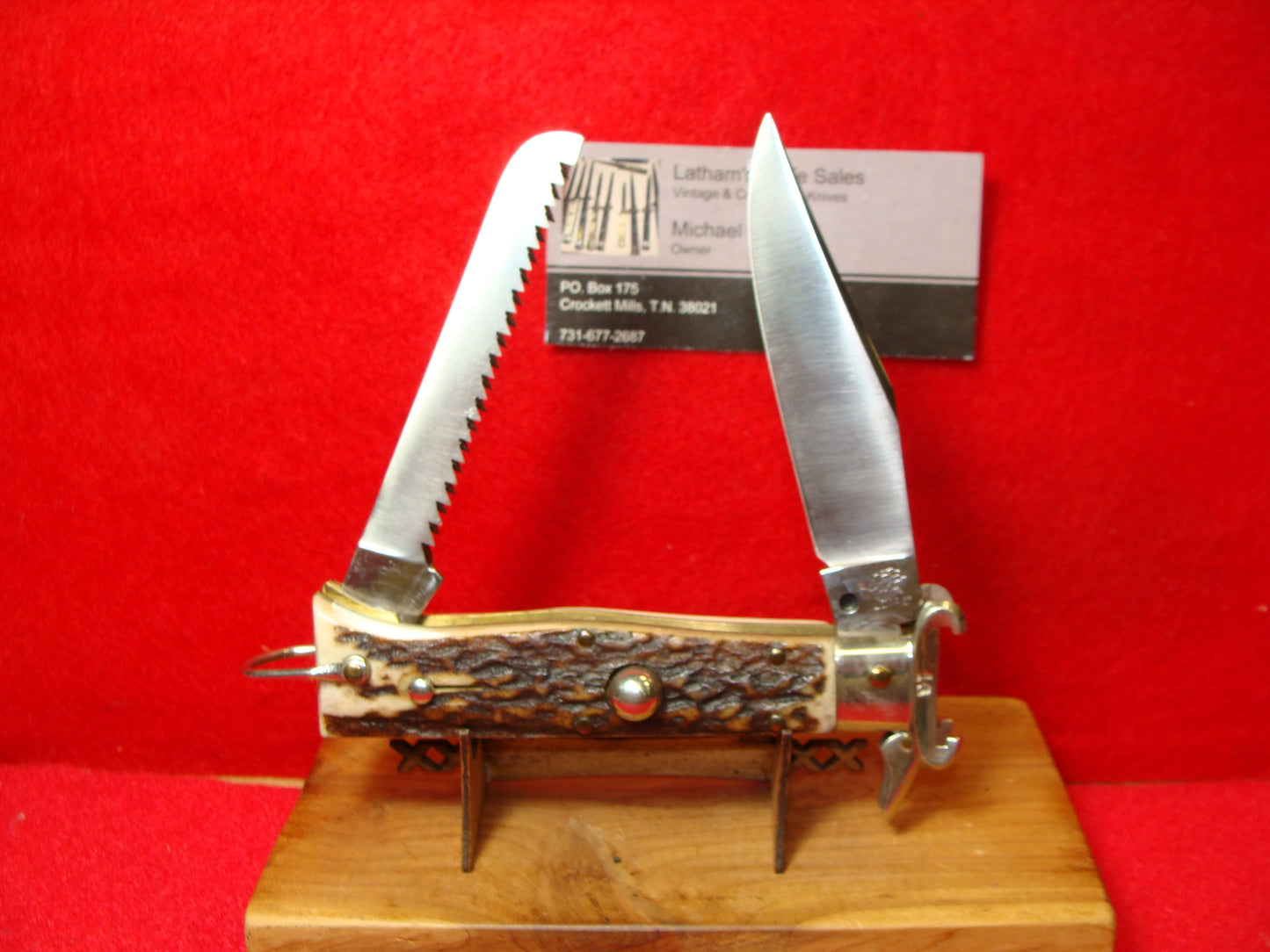 LEPRE  ITALY 1950-60 HUNTER SHELL PULLER FULCRUM RELEASE ITALIAN AUTOMATIC KNIFE STAG HANDLES