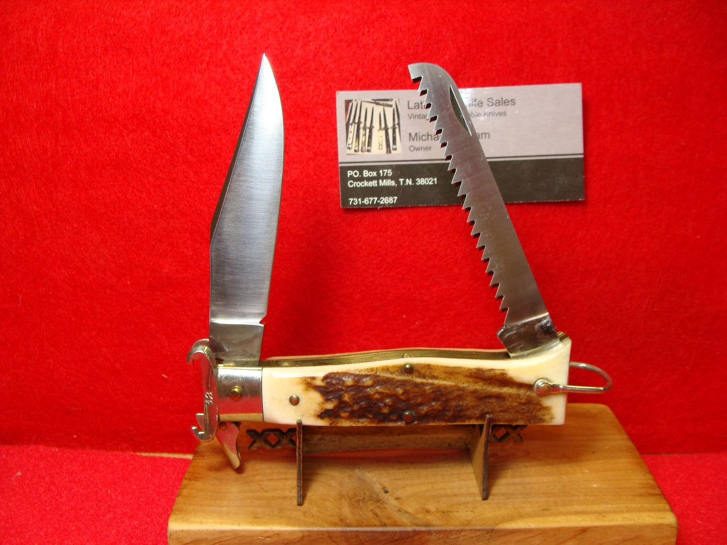 LEPRE  ITALY 1950-60 HUNTER SHELL PULLER FULCRUM RELEASE ITALIAN AUTOMATIC KNIFE STAG HANDLES