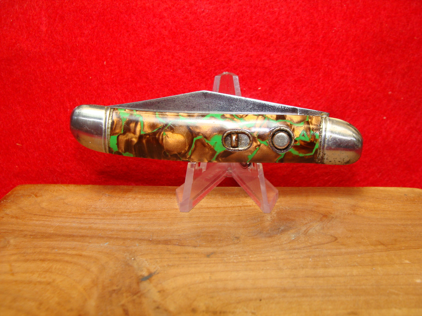 HAMMER BRAND PROV. RI. 1945-55 UTILITY JACK VINTAGE AMERICAN AUTOMATIC KNIFE 3 1/2"  COPPER GREEN MIX SHELL WRAP HANDLES