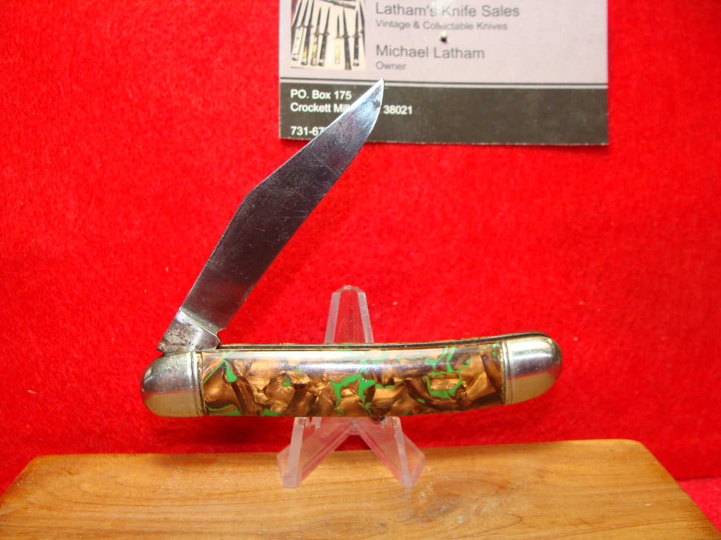 HAMMER BRAND PROV. RI. 1945-55 UTILITY JACK VINTAGE AMERICAN AUTOMATIC KNIFE 3 1/2"  COPPER GREEN MIX SHELL WRAP HANDLES