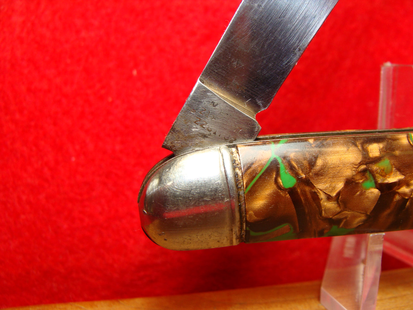 HAMMER BRAND PROV. RI. 1945-55 UTILITY JACK VINTAGE AMERICAN AUTOMATIC KNIFE 3 1/2"  COPPER GREEN MIX SHELL WRAP HANDLES