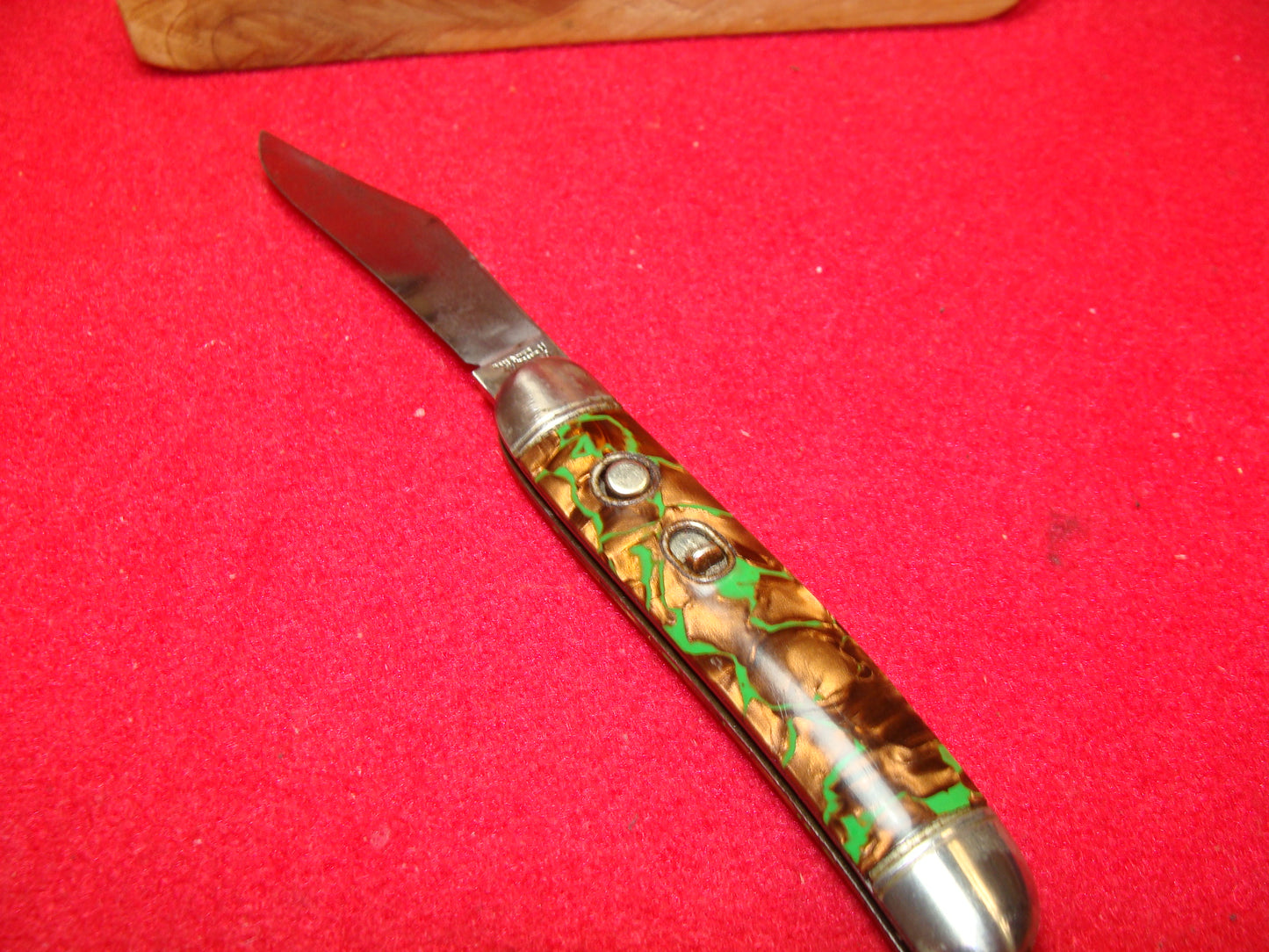 HAMMER BRAND PROV. RI. 1945-55 UTILITY JACK VINTAGE AMERICAN AUTOMATIC KNIFE 3 1/2"  COPPER GREEN MIX SHELL WRAP HANDLES