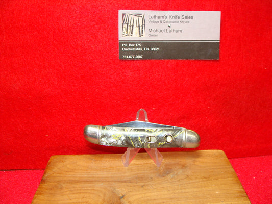 HAMMER BRAND PROV. RI. 1945-55 UTILITY JACK VINTAGE AMERICAN AUTOMATIC KNIFE 3 1/2" GRAY WITH YELLOW SWIRL SHELL WRAPPED COMPOSITION HANDLES