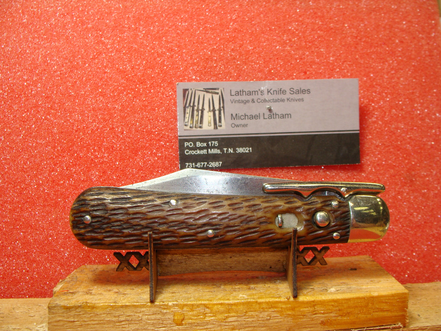 SCHRADE CUT CO. WALDEN NY 1916-46 VINTAGE AMERICAN AUTOMATIC KNIFE 4 7/8" SWING GUARD HUNTER'S PRIDE BROWN JIGGED BONE HANDLES