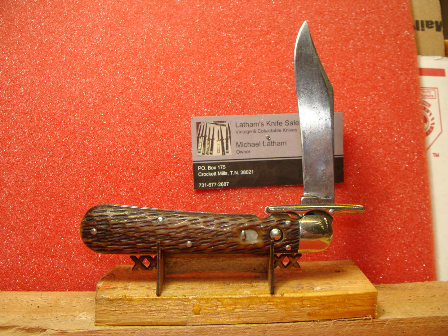 SCHRADE CUT CO. WALDEN NY 1916-46 VINTAGE AMERICAN AUTOMATIC KNIFE 4 7/8" SWING GUARD HUNTER'S PRIDE BROWN JIGGED BONE HANDLES