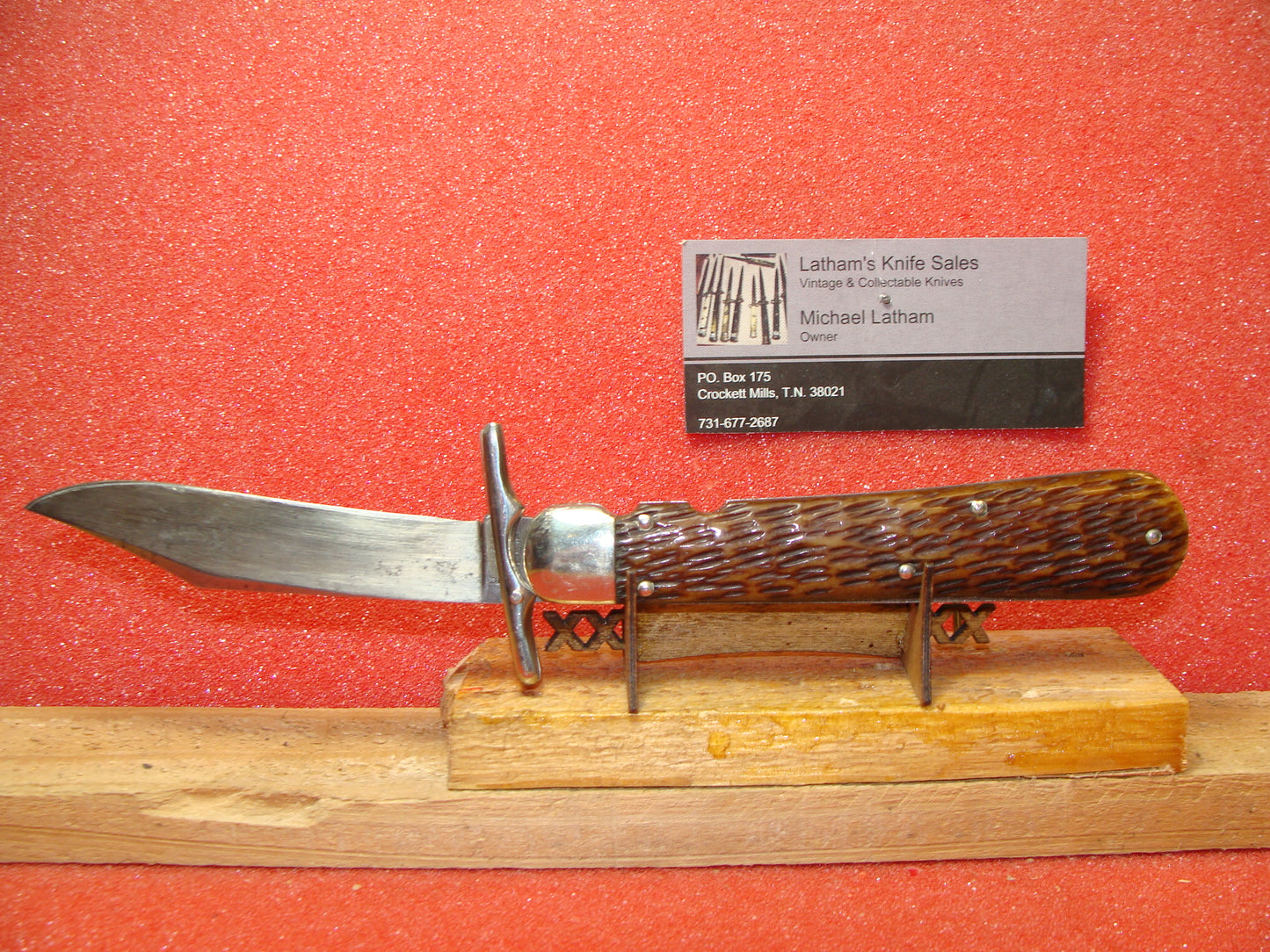 SCHRADE CUT CO. WALDEN NY 1916-46 VINTAGE AMERICAN AUTOMATIC KNIFE 4 7/8" SWING GUARD HUNTER'S PRIDE BROWN JIGGED BONE HANDLES