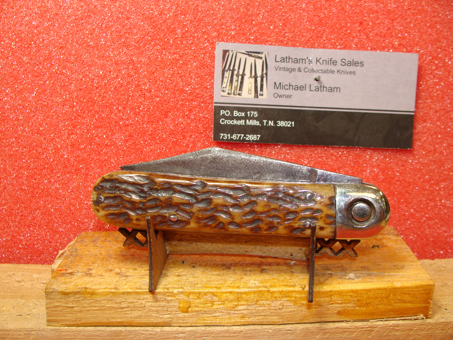 PRESS BUTTON KNIFE CO. WALDEN NY 1892-1923 VINTAGE AMERICAN AUTOMATIC KNIFE 4 " BUSINESS BROWN BONE HANDLES