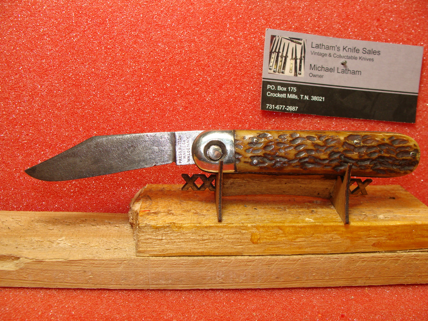 PRESS BUTTON KNIFE CO. WALDEN NY 1892-1923 VINTAGE AMERICAN AUTOMATIC KNIFE 4 " BUSINESS BROWN BONE HANDLES