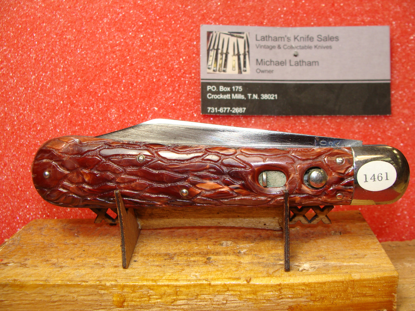 PRESTO GEO. SCHRADE CUT BRIDGEPORT CONN. 1929-56 VINTAGE AMERICAN AUTOMATIC KNIFE 5" HUNTER RED WORMED GROOVED COMPOSITION HANDLES