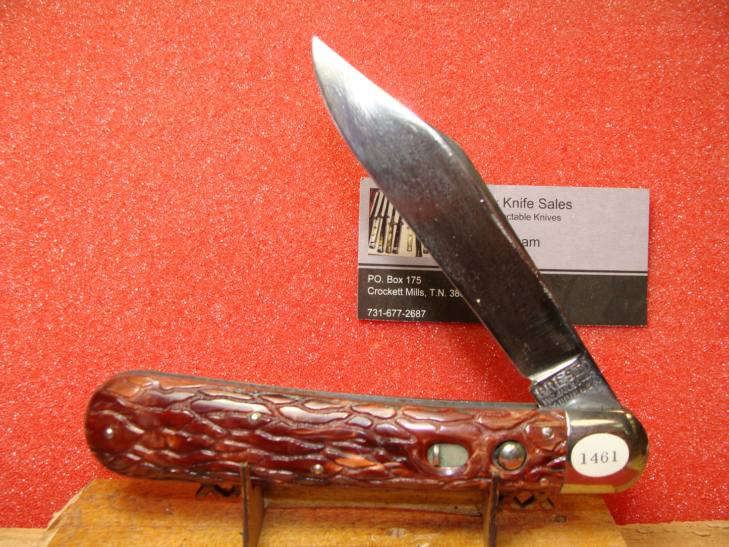 PRESTO GEO. SCHRADE CUT BRIDGEPORT CONN. 1929-56 VINTAGE AMERICAN AUTOMATIC KNIFE 5" HUNTER RED WORMED GROOVED COMPOSITION HANDLES