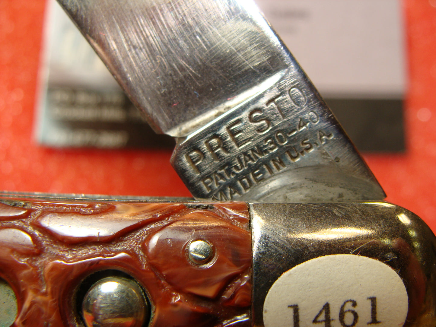 PRESTO GEO. SCHRADE CUT BRIDGEPORT CONN. 1929-56 VINTAGE AMERICAN AUTOMATIC KNIFE 5" HUNTER RED WORMED GROOVED COMPOSITION HANDLES