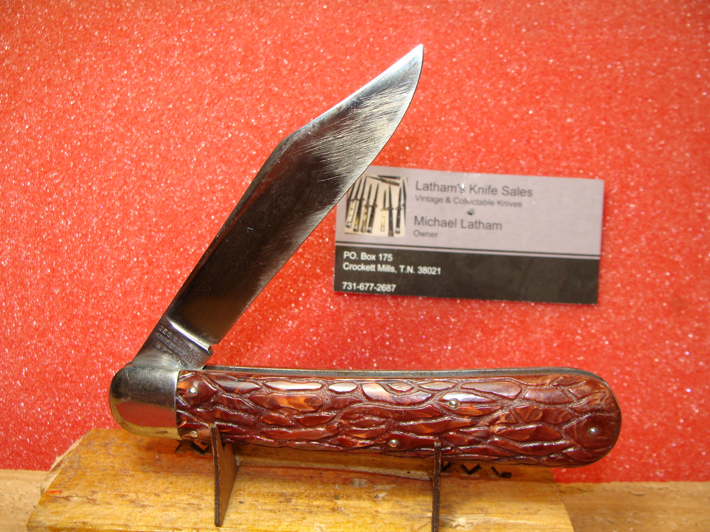 PRESTO GEO. SCHRADE CUT BRIDGEPORT CONN. 1929-56 VINTAGE AMERICAN AUTOMATIC KNIFE 5" HUNTER RED WORMED GROOVED COMPOSITION HANDLES