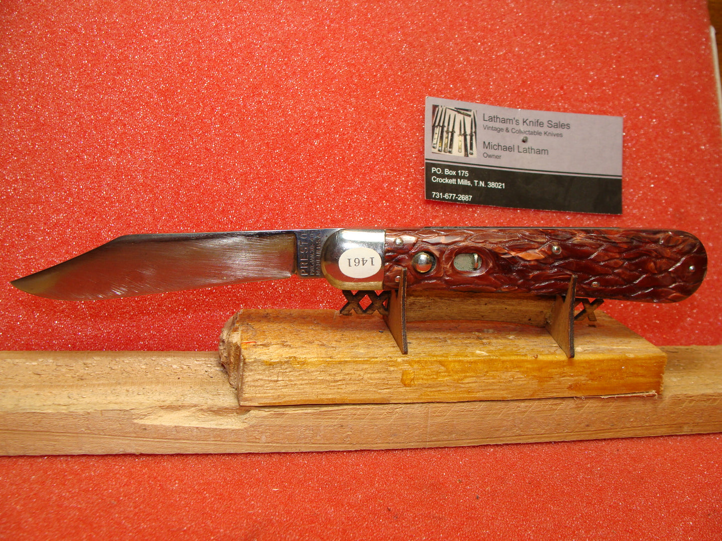 PRESTO GEO. SCHRADE CUT BRIDGEPORT CONN. 1929-56 VINTAGE AMERICAN AUTOMATIC KNIFE 5" HUNTER RED WORMED GROOVED COMPOSITION HANDLES