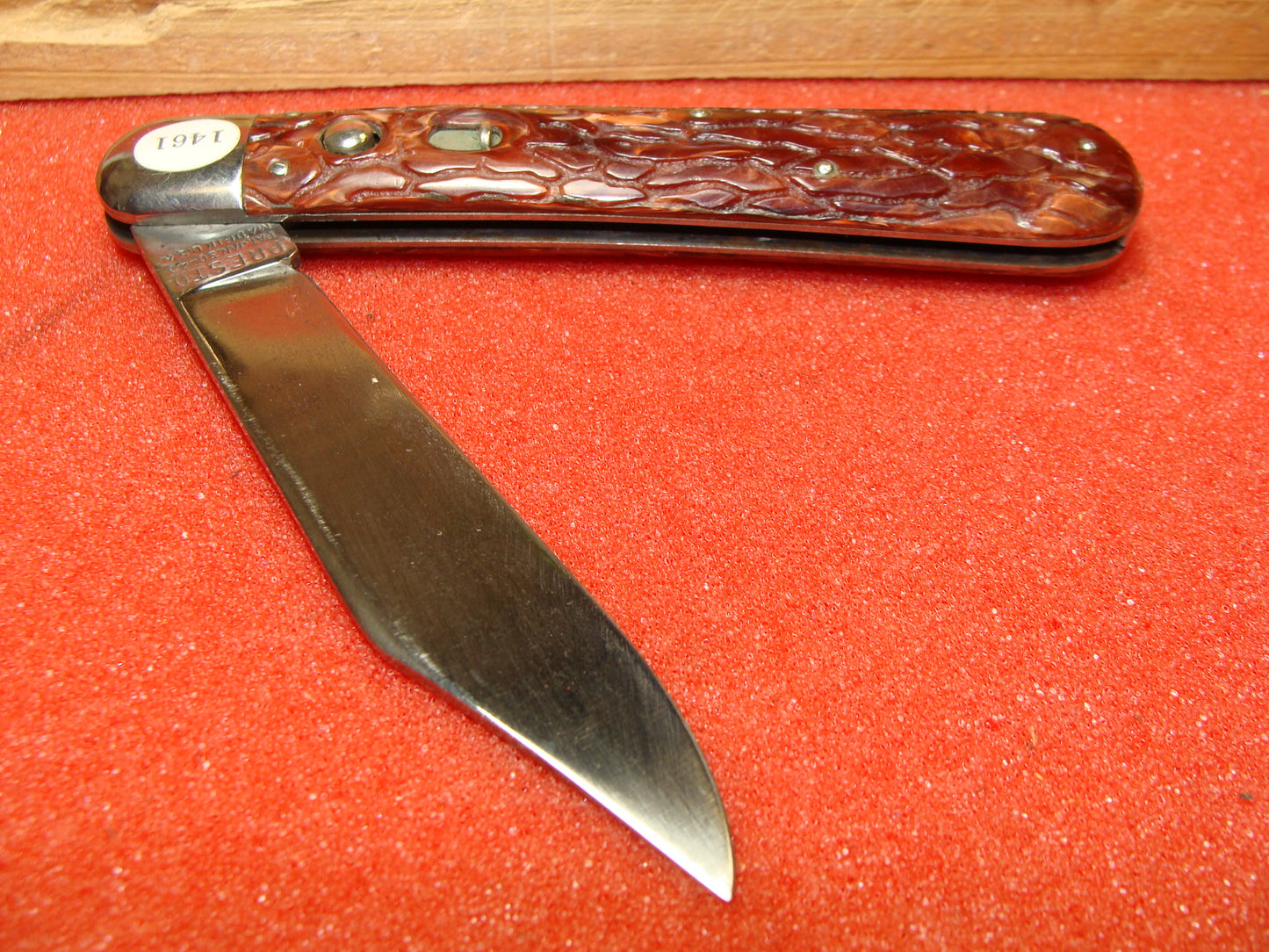 PRESTO GEO. SCHRADE CUT BRIDGEPORT CONN. 1929-56 VINTAGE AMERICAN AUTOMATIC KNIFE 5" HUNTER RED WORMED GROOVED COMPOSITION HANDLES